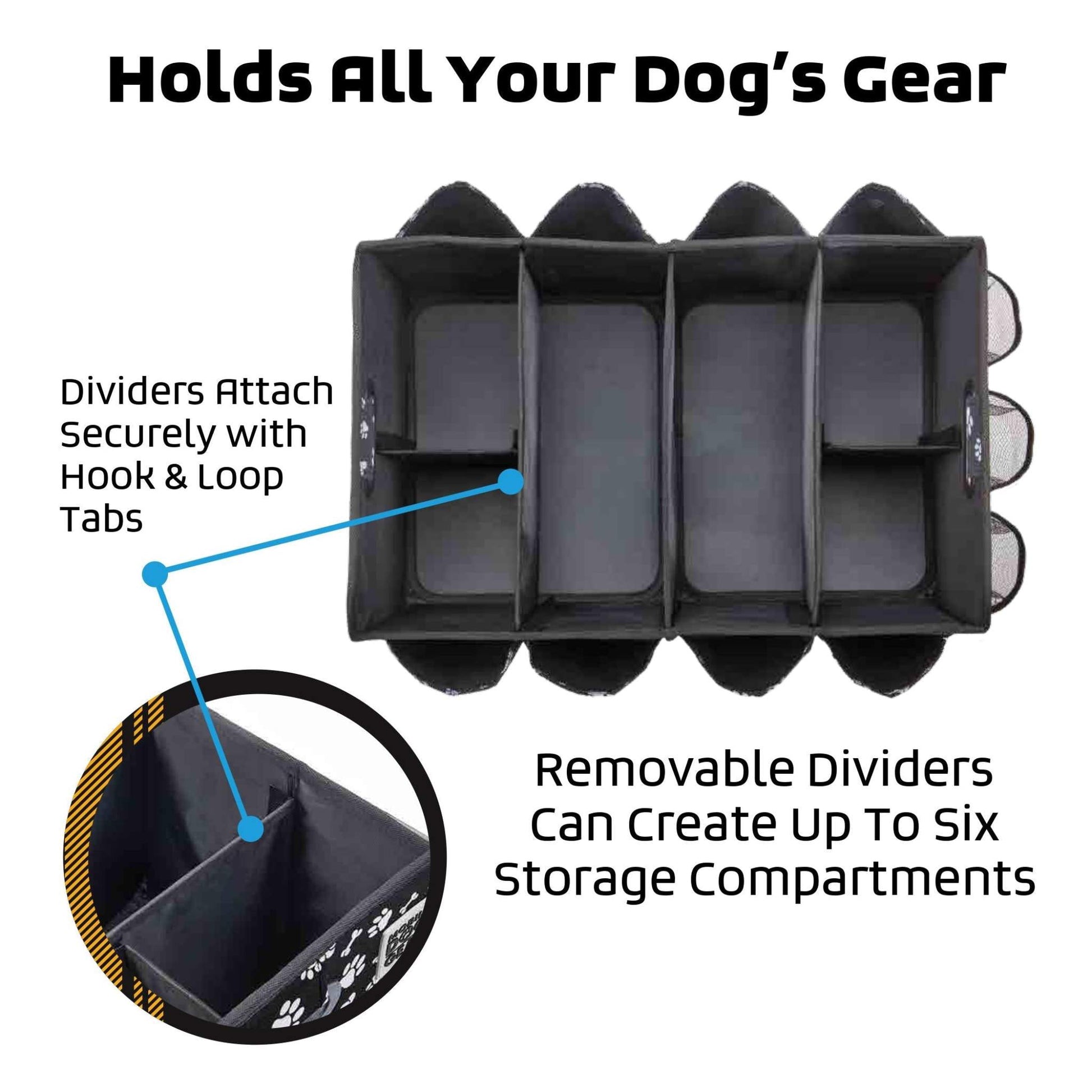 A Dogssentials Collapsible Storage Organizer by Mobile Dog Gear with removable dividers. The image shows the organizer with four compartments, highlighting that dividers attach with hook and loop tabs. Text reads: "Holds All Your Dog’s Gear," "Built-in Waste Bag Dispenser," and "Removable Dividers Can Create Up To Six Storage Compartments.