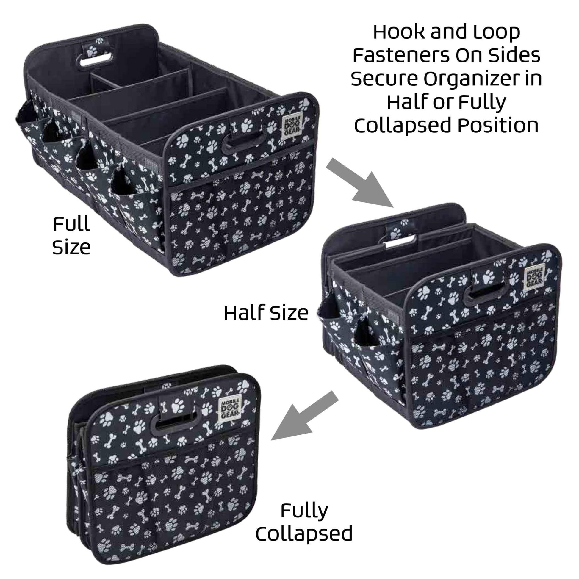 A black and white collapsible dog travel organizer with a paw print design. The image shows three states of the Dogssentials Collapsible Storage Organizer: full size, half size, and fully collapsed. Arrows and text describe the use of hook and loop fasteners to adjust the sizes. The Mobile Dog Gear product also features a built-in waste bag dispenser.