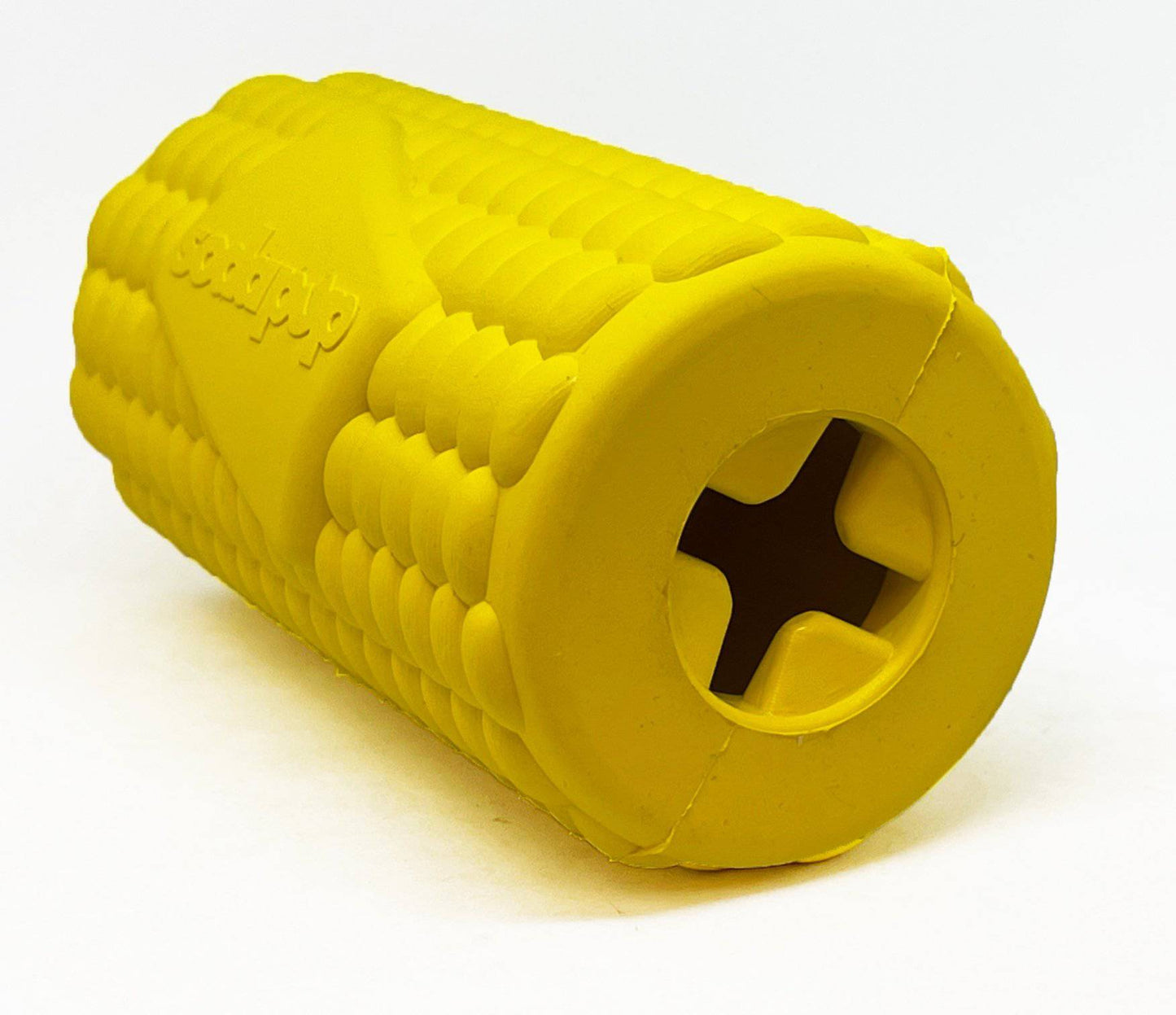 The Corn on the Cob EDispenser Durable Rubber Treat Dispenser by SodaPup is a veterinarian-approved yellow cylindrical rubber dog toy, featuring textured ridges and a cross-shaped opening at one end—ideal for dispensing treats.