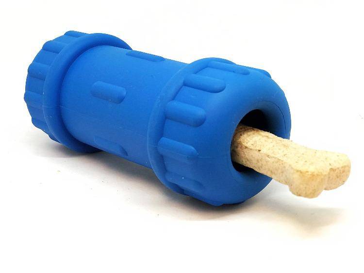 A durable blue plastic ID Bone Durable Rubber Chew Toy and Treat Dispenser that dispenses treats and doubles as a slow feeder by SodaPup.