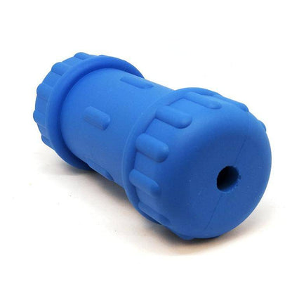 A SodaPup ID Bone Durable Rubber Chew Toy and Treat Dispenser, a durable blue plastic tube that can be used as a slow feeder and dispenses treats through a hole.