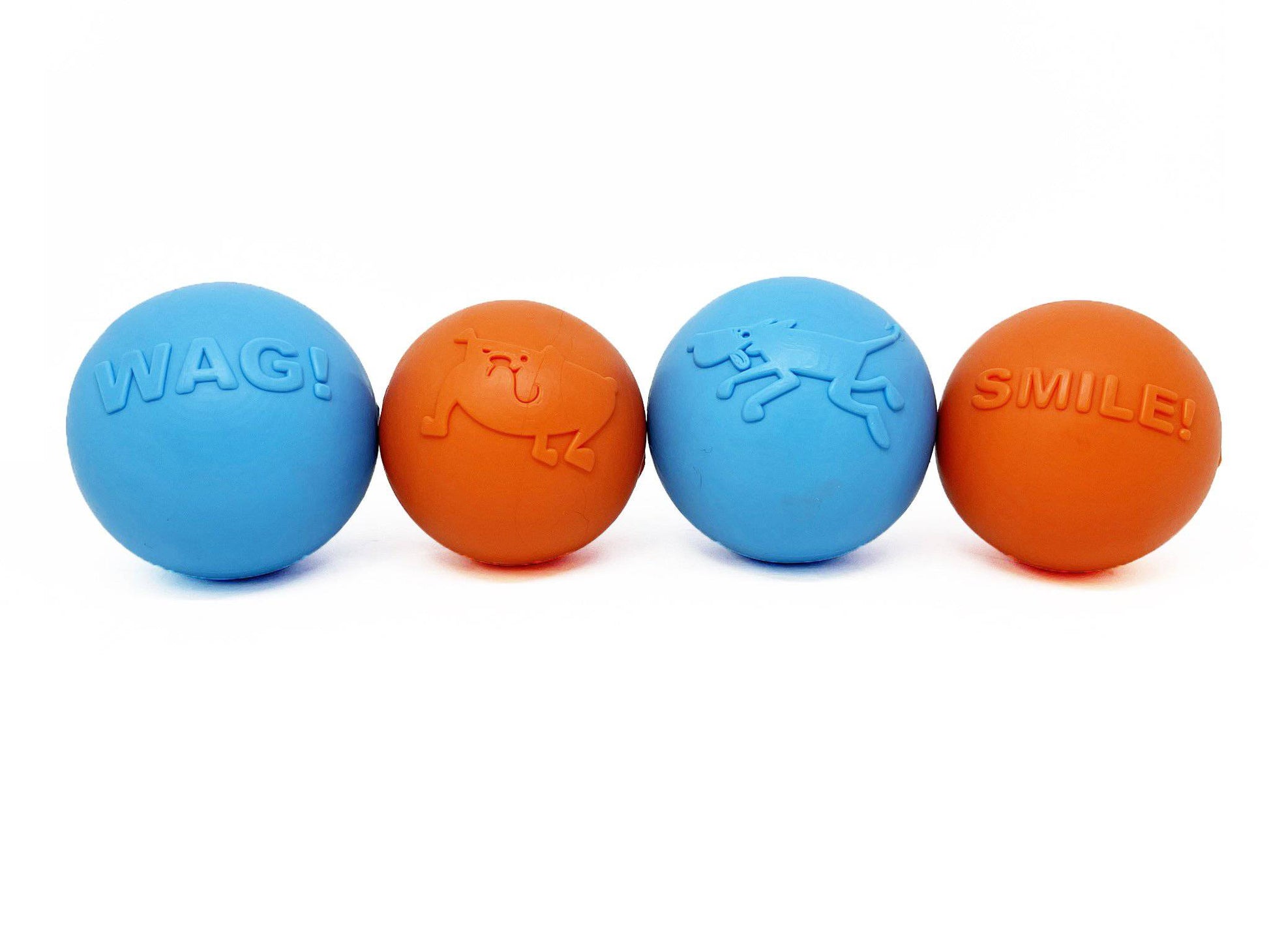 Four blue and orange Smile Ball Ultra Durable Synthetic Rubber Chew Toys & Floating Retrieving Toys with the word smile on them, made by SodaPup.