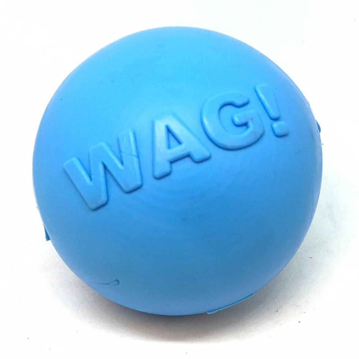 A durable blue rubber ball with the word Wag Ball Ultra Durable Synthetic Rubber Chew Toy & Floating Retrieving Toy - Large - Blue by SodaPup on it.