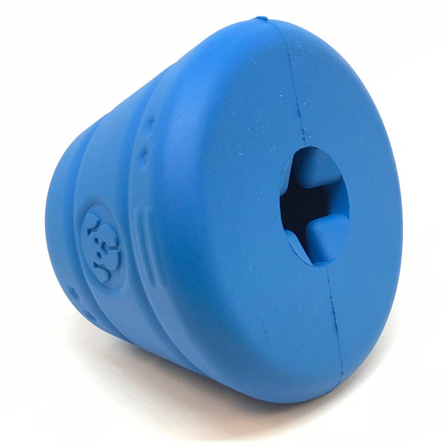 A blue plastic Space Capsule Durable Rubber Chew Toy & Treat Dispenser by SodaPup with a hole in it for treats.