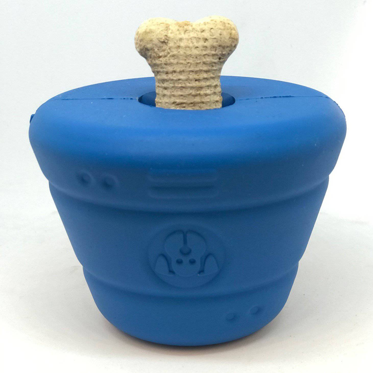 A durable blue Space Capsule Durable Rubber Chew Toy & Treat Dispenser with a bone in it that dispenses treats and reduces problem behaviors. Brand: SodaPup