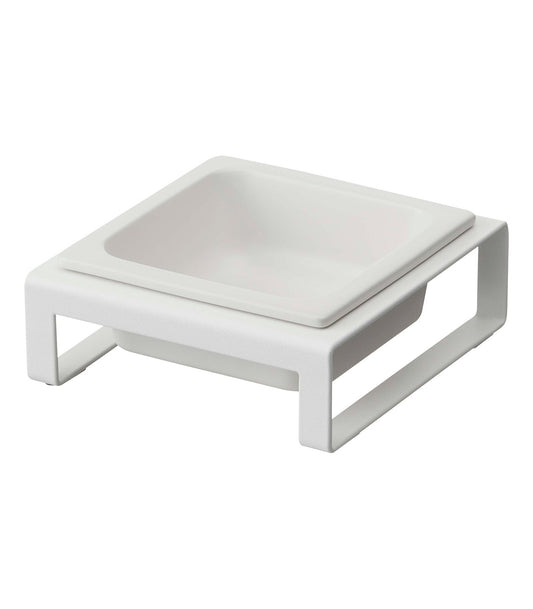 A Single Pet Food Bowl - Two Styles - Steel + Ceramic by Yamazaki Home, with a metal stand on a white background, suitable for cat or pet food bowls.
