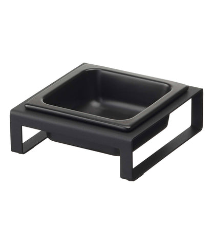 A Single Pet Food Bowl - Two Styles - Steel + Ceramic by Yamazaki Home with a metal stand on a white background.