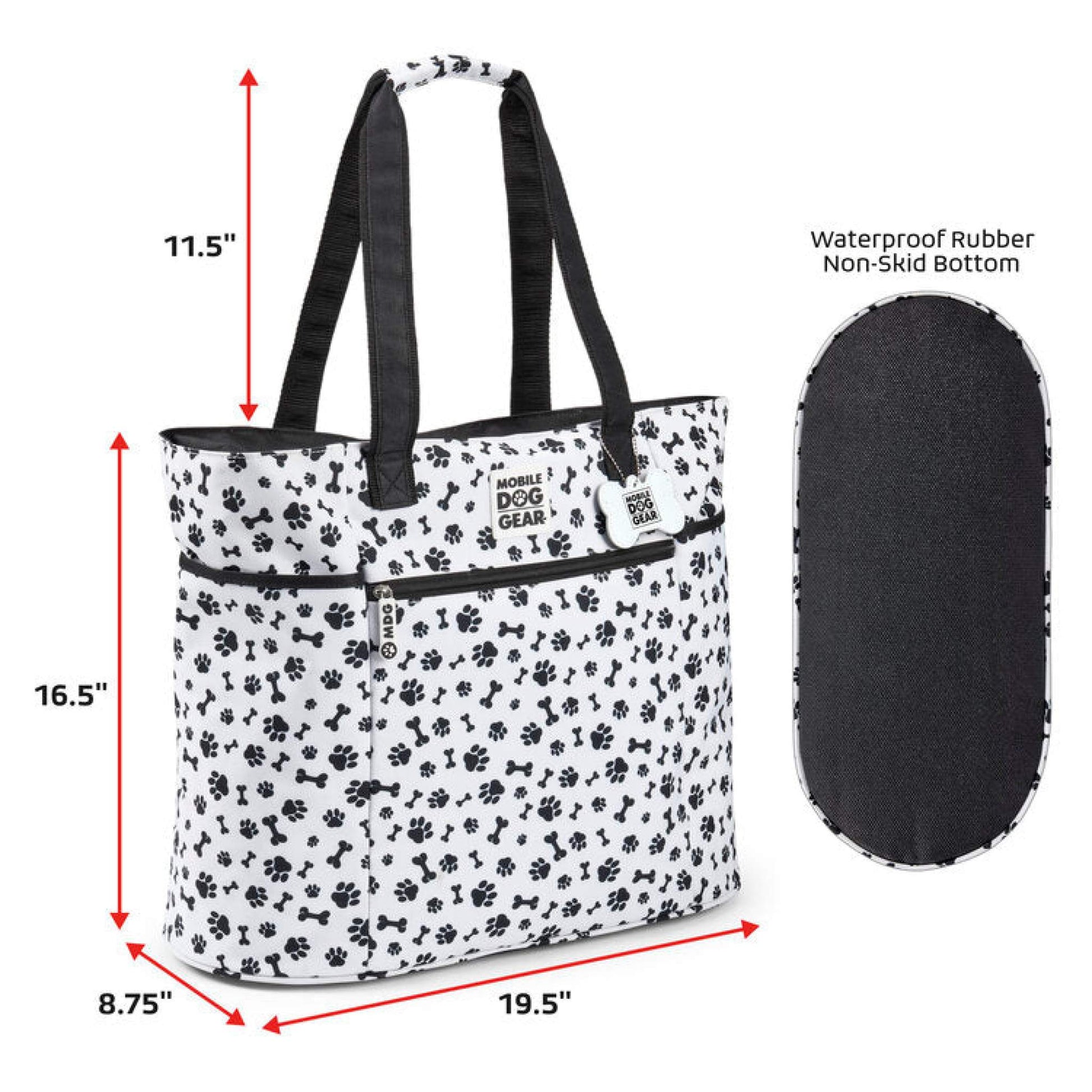 A Mobile Dog Gear black and white polka dot Dogssentials Travel Tote bag with measurements.