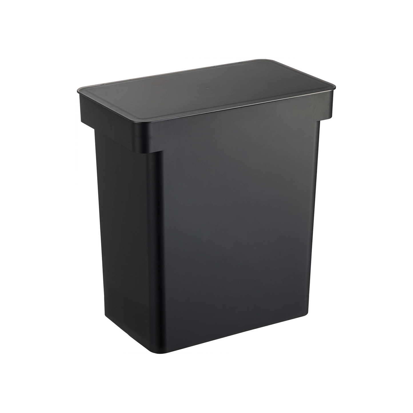 The Yamazaki Home Rolling Airtight Pet Food Container (25 lbs.) offers a stylish solution for preserving freshness. This black, rectangular container features a flat, closed lid and boasts a modern design with smooth surfaces and slightly rounded edges, combining functionality with elegant aesthetics.