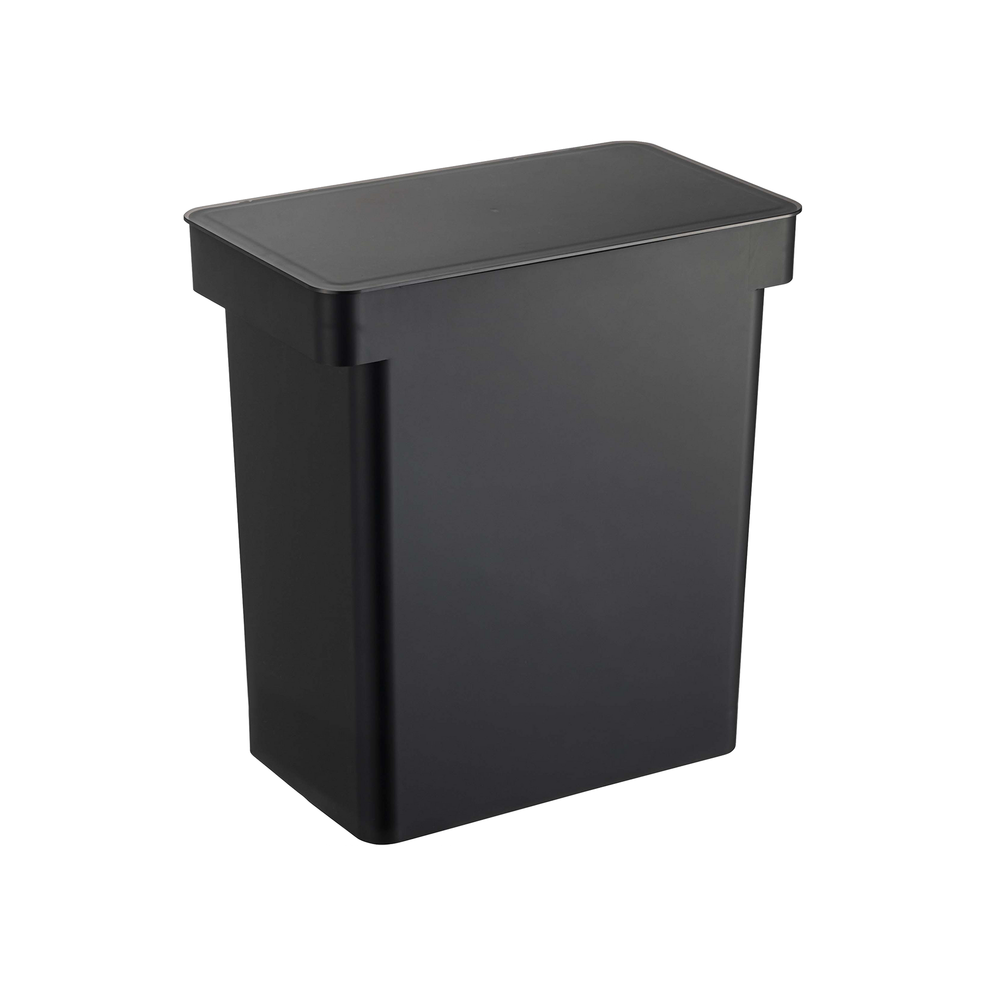 The Yamazaki Home Rolling Airtight Pet Food Container (25 lbs.) offers a stylish solution for preserving freshness. This black, rectangular container features a flat, closed lid and boasts a modern design with smooth surfaces and slightly rounded edges, combining functionality with elegant aesthetics.