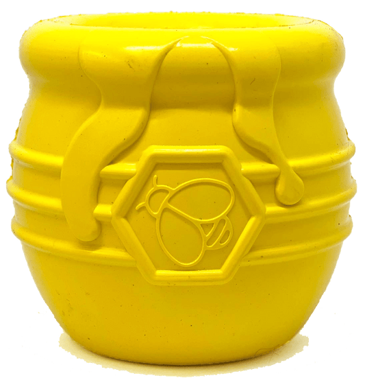 A yellow Large Honey Pot Durable Rubber Treat Dispenser & Enrichment Toy with a honey bee on it, perfect for storing treats or as a slow feeder. Brand: SodaPup