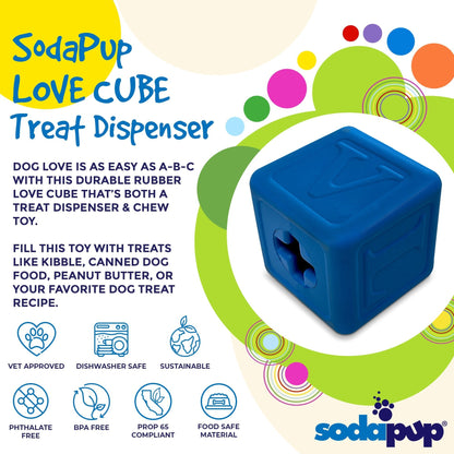 The SodaPup Love Cube EDispenser Durable Rubber Chew Toy & Treat Dispenser is a multifunctional dog chew toy designed with treat dispenser holes. Made from sustainable, phthalate-free, and BPA-free materials, it is vet approved, dishwasher safe, Prop 65 compliant, and food-safe for your peace of mind.