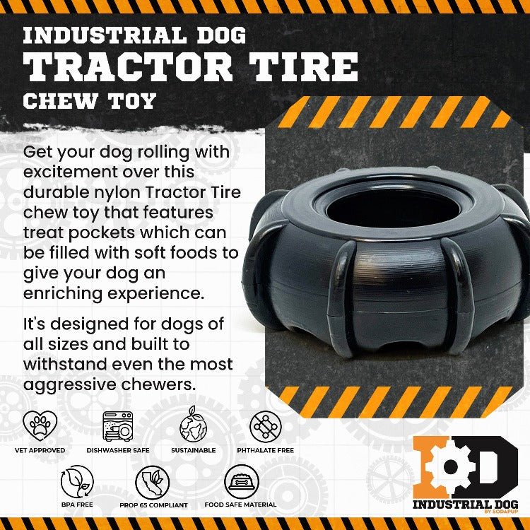 Introducing the ID Tractor Tire EChew Ultra Durable Nylon Chew & Enrichment Toy from SodaPup: a black nylon chew toy for dogs designed as a tractor tire. It features treat pockets for enrichment, is durable, dishwasher safe, phthalate-free, BPA-free, and sustainable. Suitable for all dog sizes and strengths, it proudly displays the Industrial Dog logo.