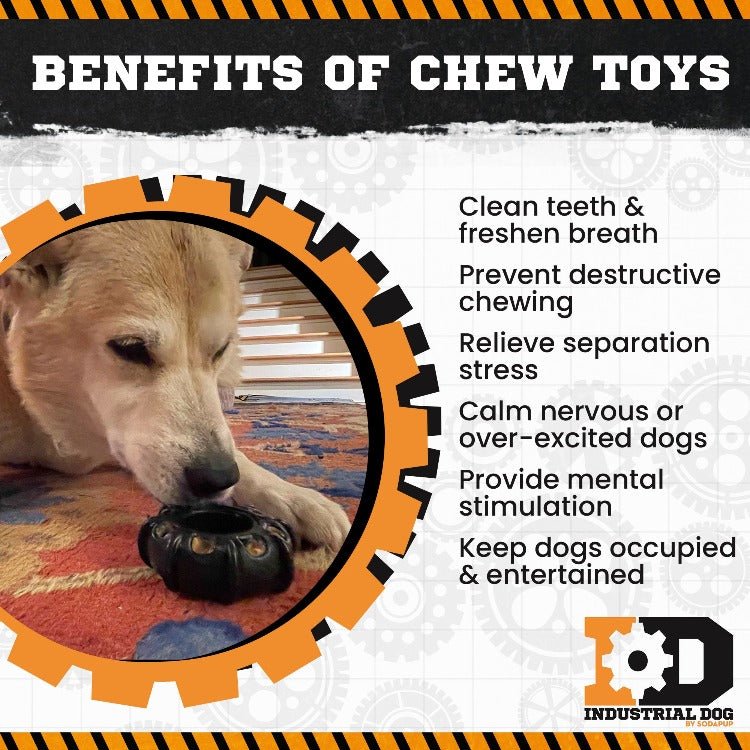 A dog gnaws on the ID Tractor Tire EChew Ultra Durable Nylon Chew & Enrichment Toy by SodaPup, featuring a sturdy gear-shaped frame. Text to the right highlights benefits: clean teeth, prevent destructive chewing, relieve separation stress, calm dogs, provide mental stimulation, and keep dogs entertained. This interactive pet toy is perfect for enrichment. The brand logo appears at the bottom.