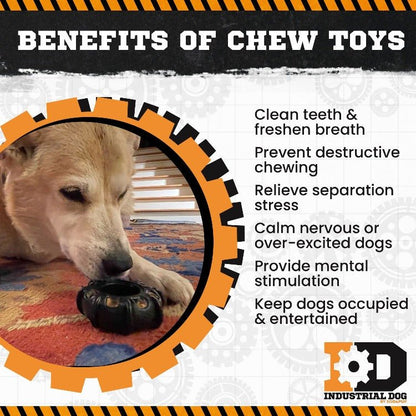 A dog gnaws on the ID Tractor Tire EChew Ultra Durable Nylon Chew & Enrichment Toy by SodaPup, featuring a sturdy gear-shaped frame. Text to the right highlights benefits: clean teeth, prevent destructive chewing, relieve separation stress, calm dogs, provide mental stimulation, and keep dogs entertained. This interactive pet toy is perfect for enrichment. The brand logo appears at the bottom.