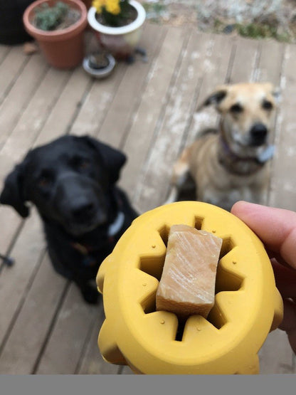 A person holds a yellow Gear EDispener Durable Rubber Treat Holder and Chew Toy by SodaPup, with a treat inside. In the background, two dogs—one black and one tan—sit eagerly on a wooden deck surrounded by scattered potted plants.