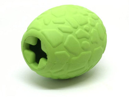 Introducing the Dinosaur Egg EDispenser Durable Rubber Chew Toy & Treat Dispenser by SodaPup: a durable, rubber-like dog toy in a green, textured design with an oval shape and a cross-shaped opening. This chew toy encourages slow feeding and provides endless entertainment for your furry friend.