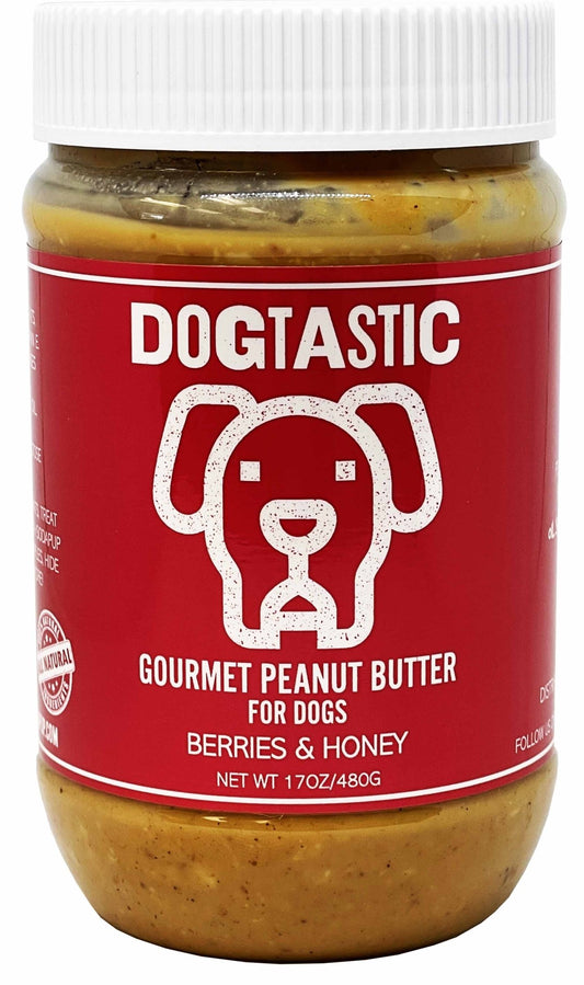 A jar of Dogtastic Gourmet Peanut Butter for Dogs - Berries & Honey Flavor by SodaPup.