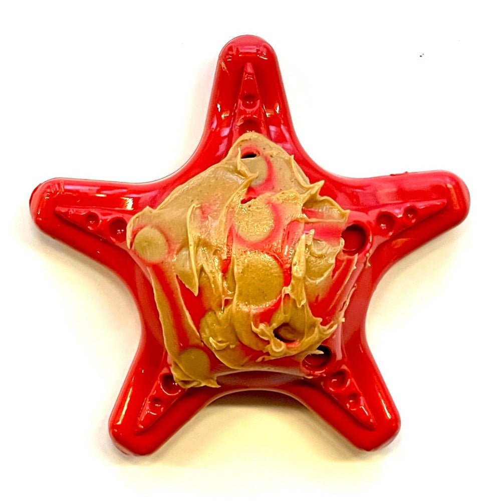 A durable red SodaPup Starfish Ultra Durable Nylon Dog Chew Toy for Aggressive Chewers shaped like a starfish on a white surface.