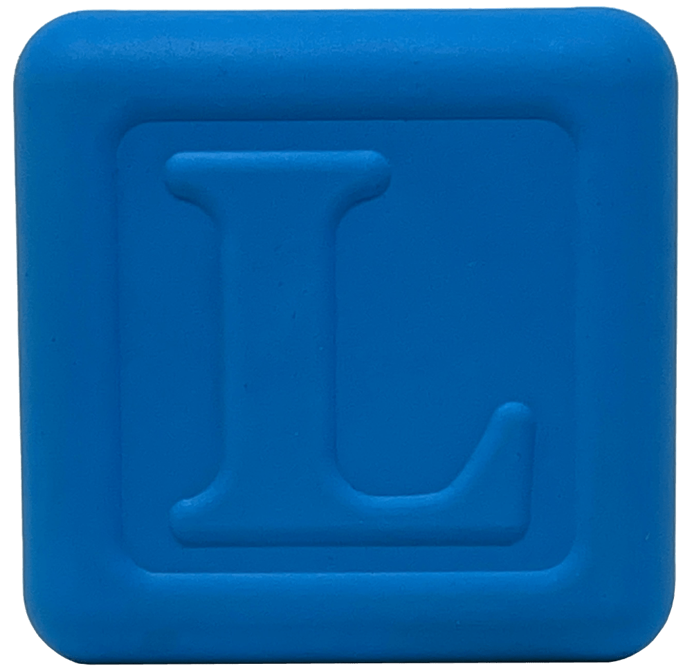 Introducing the SodaPup Love Cube EDispenser, a durable rubber chew toy and treat dispenser, elegantly crafted in the shape of a blue square block with the letter "L" embossed on it.