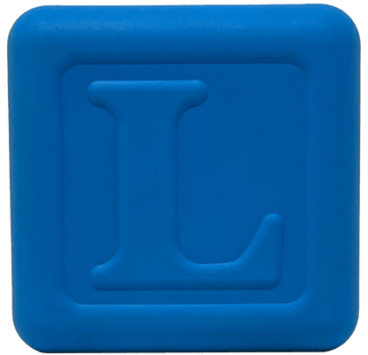 Introducing the SodaPup Love Cube EDispenser, a durable rubber chew toy and treat dispenser, elegantly crafted in the shape of a blue square block with the letter "L" embossed on it.