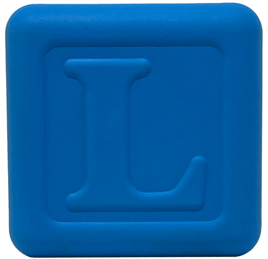 A durable blue Love Cube Durable Rubber Chew Toy & Treat Dispenser with the letter l on it. (SodaPup)