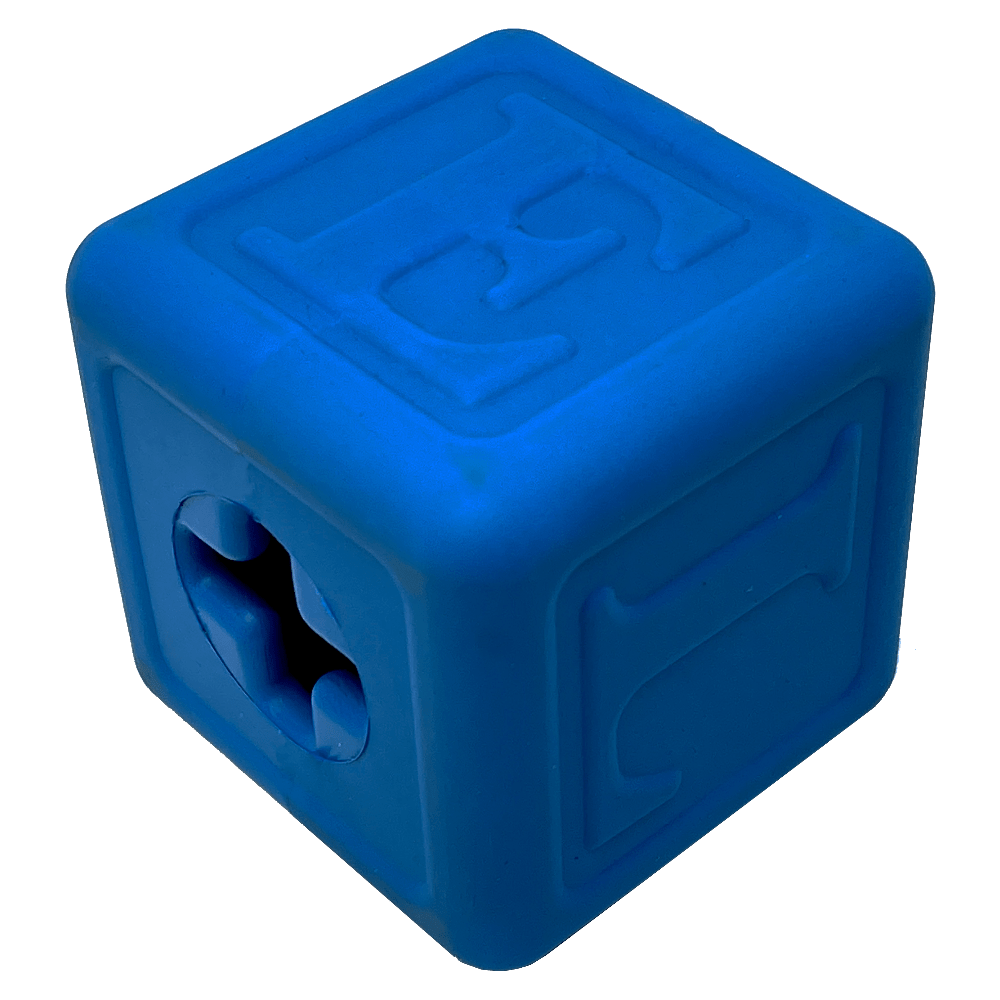 The Love Cube EDispenser Durable Rubber Chew Toy & Treat Dispenser by SodaPup is a blue toy block adorned with raised letters on its sides and includes a hollow opening shaped like a cross on one side, perfect for dispensing treats and providing endless fun.