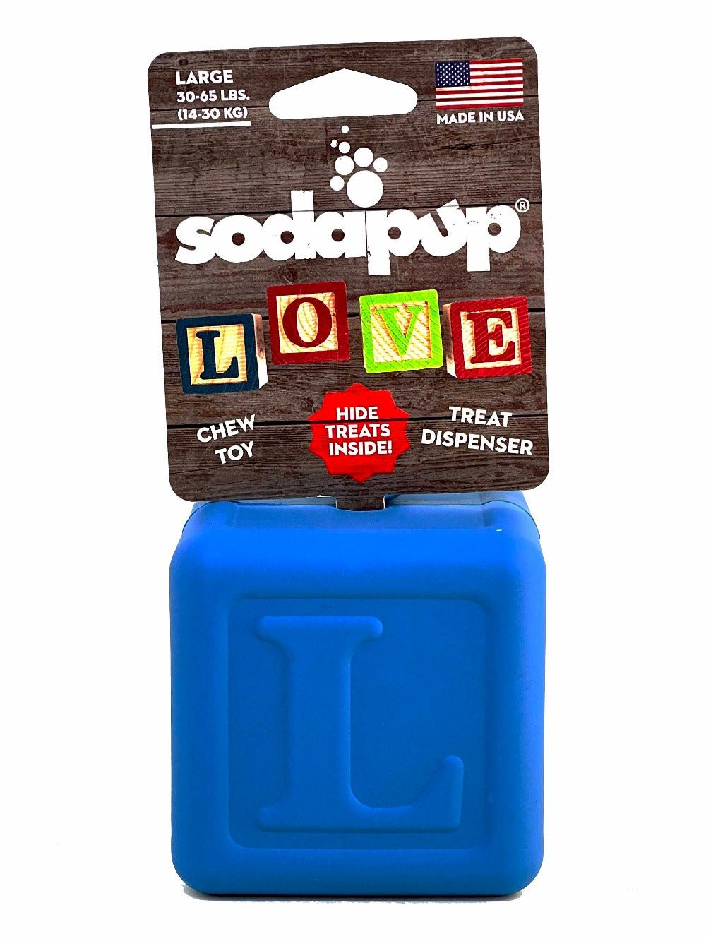 A vibrant blue chew toy named the Love Cube EDispenser by SodaPup features a large "L" and colorful block letters spelling "LOVE" on its packaging. Made in the USA, this durable rubber toy is perfect for dogs weighing 30-65 lbs and also functions as an interactive treat dispenser.