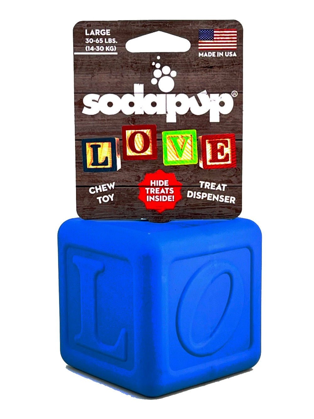 Discover the Love Cube EDispenser by SodaPup, a blue cube-shaped chew toy and slow-feeder treat dispenser adorned with "LOVE" in vibrant block letters. Ideal for dogs weighing 30-65 lbs, this durable rubber toy is proudly made in the USA and features American flag-themed packaging.