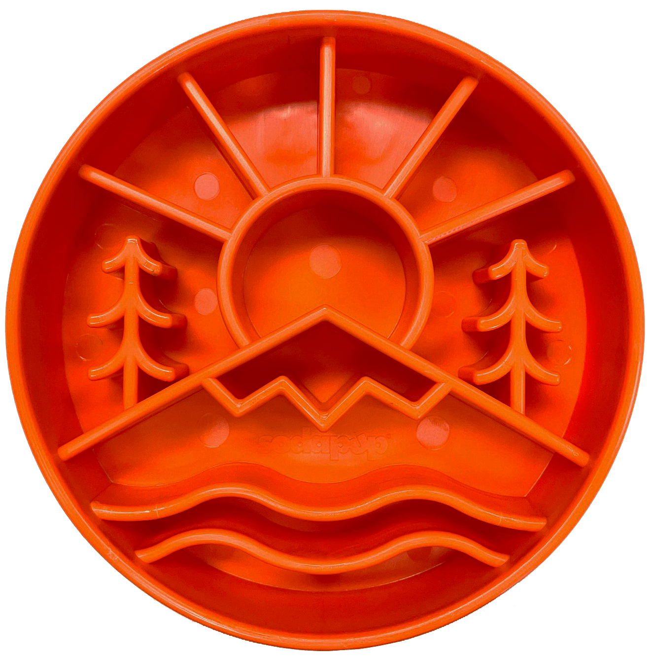 The bright orange, round Great Outdoors Design EBowl Enrichment Slow Feeder Bowl for Dogs by SodaPup features a molded design of a sun rising over mountains, with two pine trees and wavy lines representing water at the bottom. The bowl has distinct compartments formed by the raised design elements, promoting healthier and slower eating for your dog.