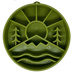 The SodaPup Great Outdoors Design EBowl Enrichment Slow Feeder Bowl for Dogs is a green silicone mold featuring compartments that form patterns of the sun, mountains, trees, and waves. This innovative slow feeder bowl promotes healthier, slower eating by creating shapes that represent a serene nature scene.