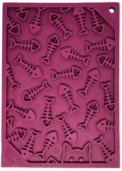 A small-sized pink Fishy Design EMat Enrichment Lick Mat with SodaPup brand on it.