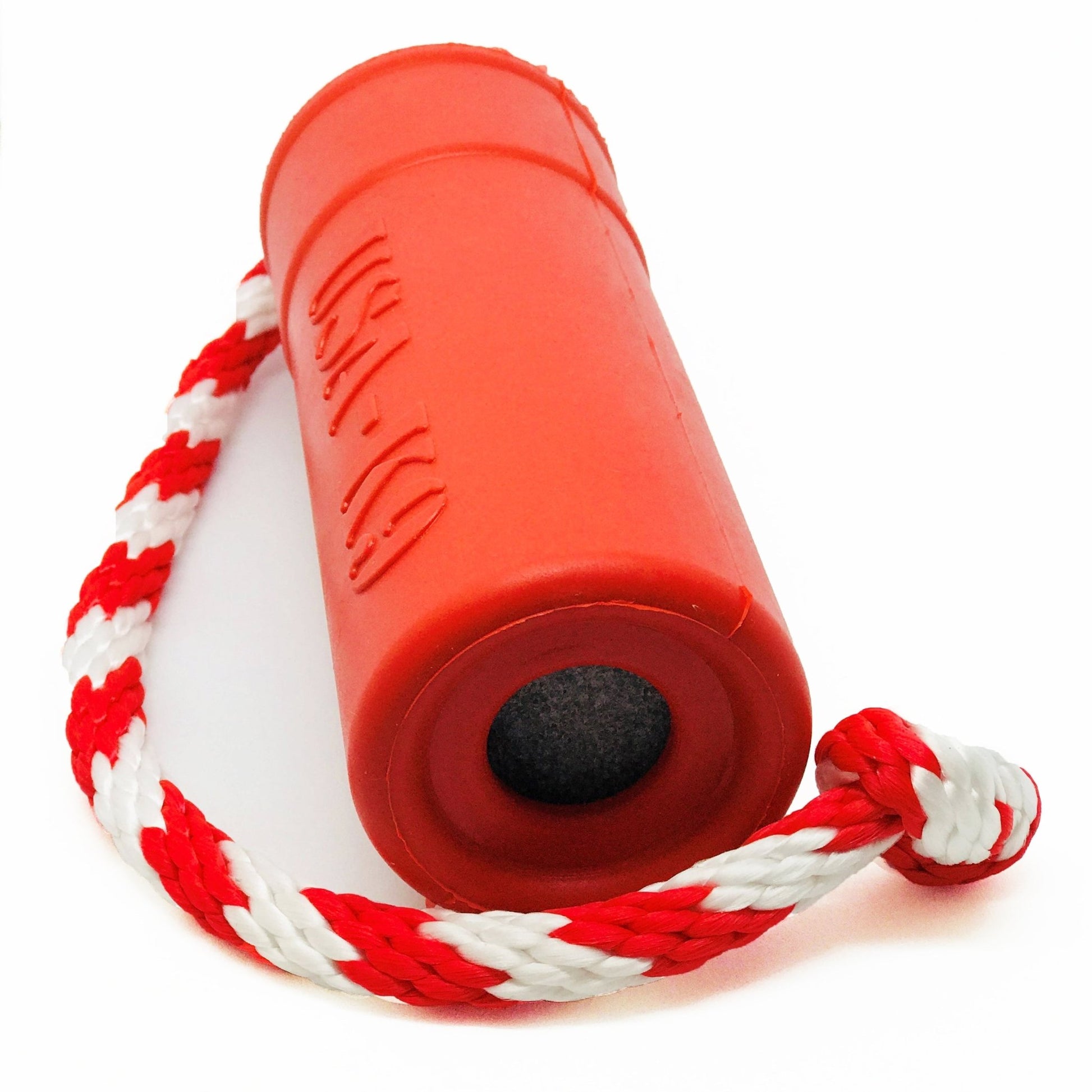 A red and white plastic floating USA-K9 Firecracker Durable Rubber Floating Training Dummy - Large - Red with a rope attached to it, made by SodaPup.