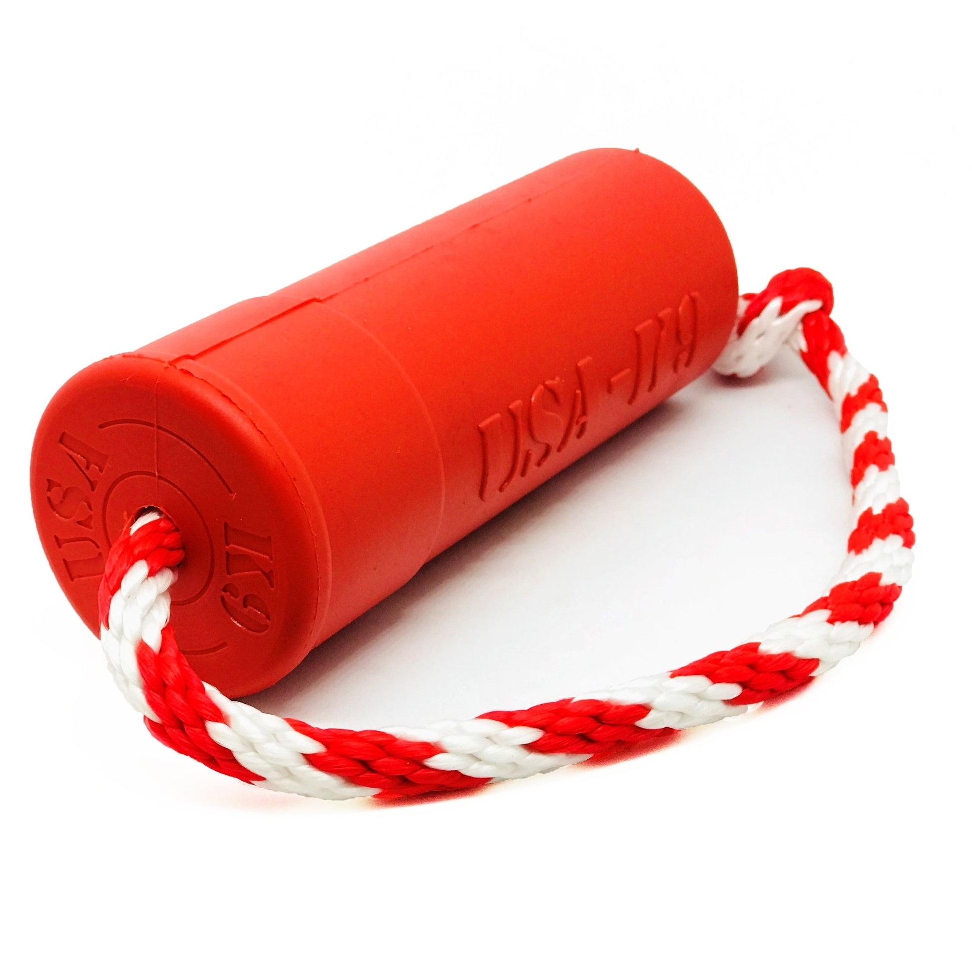 A red and white SodaPup floating toy with a USA-K9 Firecracker Durable Rubber Floating Training Dummy attached to it.