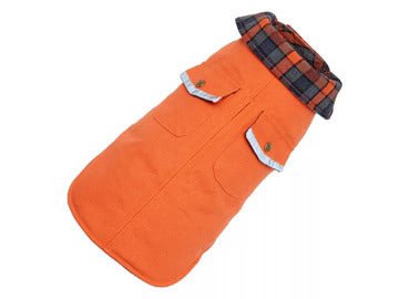An Orange Field Coat from Up Country with a plaid collar, perfect for woodland walks.