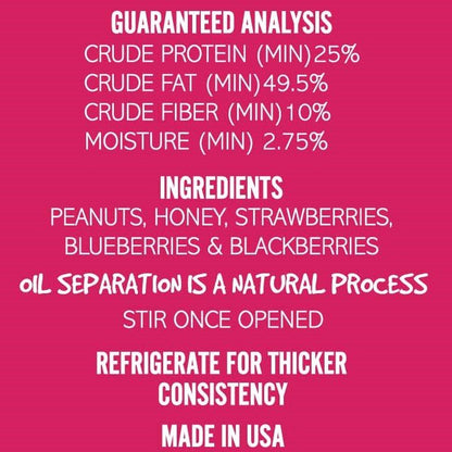 A natural pink label with the ingredients of SodaPup's Dogtastic Gourmet Peanut Butter for Dogs - Berries & Honey Flavor from USA.