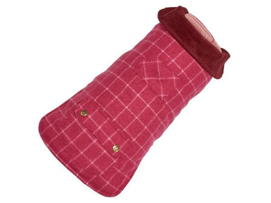 A trendy Up Country pink and white plaid Tweed coat for fashionable dogs.