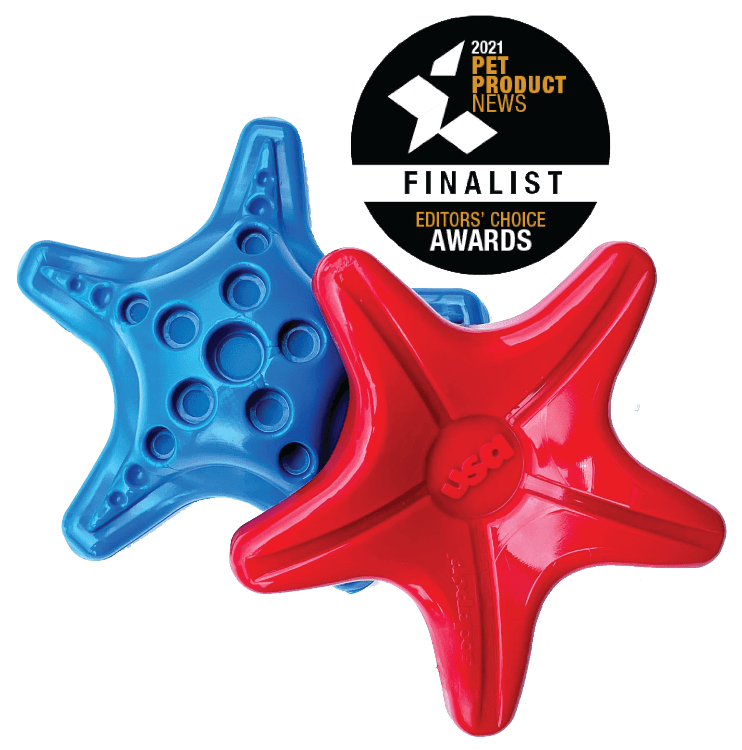 A blue and red Starfish Ultra Durable Nylon Dog Chew Toy for Aggressive Chewers with a SodaPup logo, designed to reduce problem behaviors in power chewers while also promoting fresh breath.