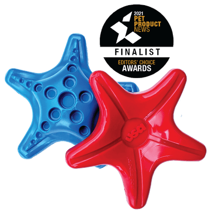 A blue and red Starfish Ultra Durable Nylon Dog Chew Toy for Aggressive Chewers with a SodaPup logo, designed to reduce problem behaviors in power chewers while also promoting fresh breath.