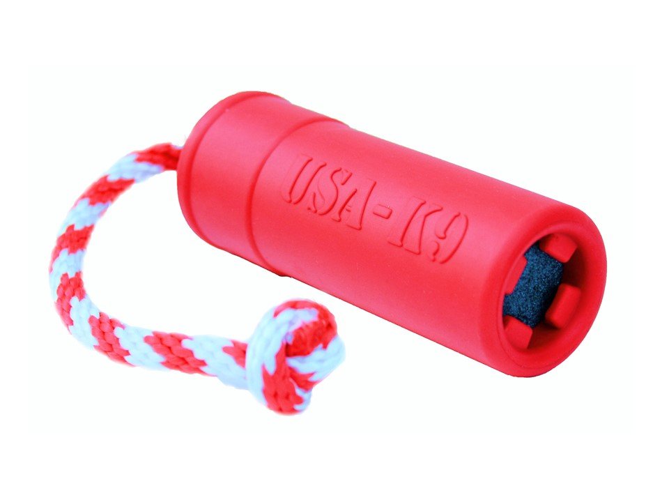 A USA-K9 Firecracker Durable Rubber Floating Training Dummy - Large - Red with a rope attached to it.