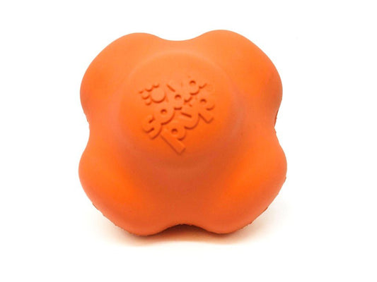 A small orange Crazy Bounce Ultra Durable Rubber Chew & Retrieving Toy with the SodaPup logo on it, perfect for power-chewers.