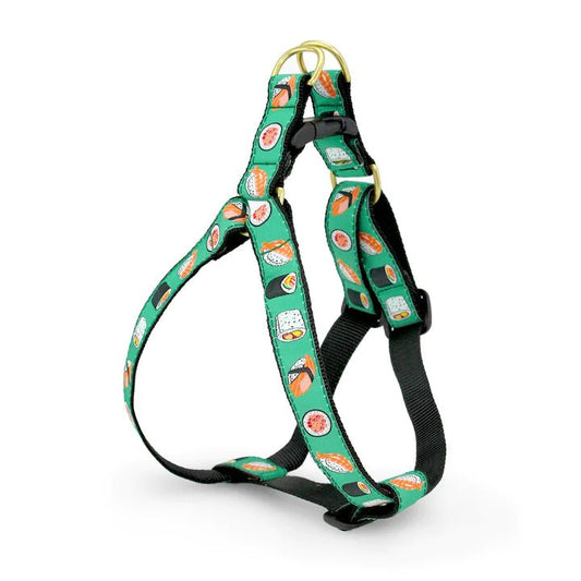 A machine washable, adjustable Sushi Dog Harness made from high-tensile strength nylon webbing, featuring a pattern of fruits and vegetables by Up Country.