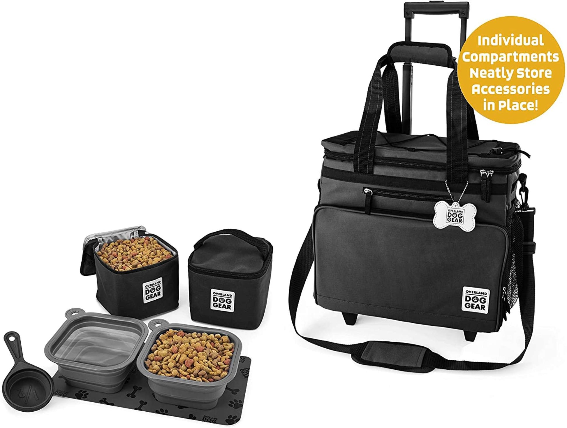 A Mobile Dog Gear Rolling Week Away Dog Travel Bag with individual labeled compartments for accessories, and included items like a food scoop, water and food containers.