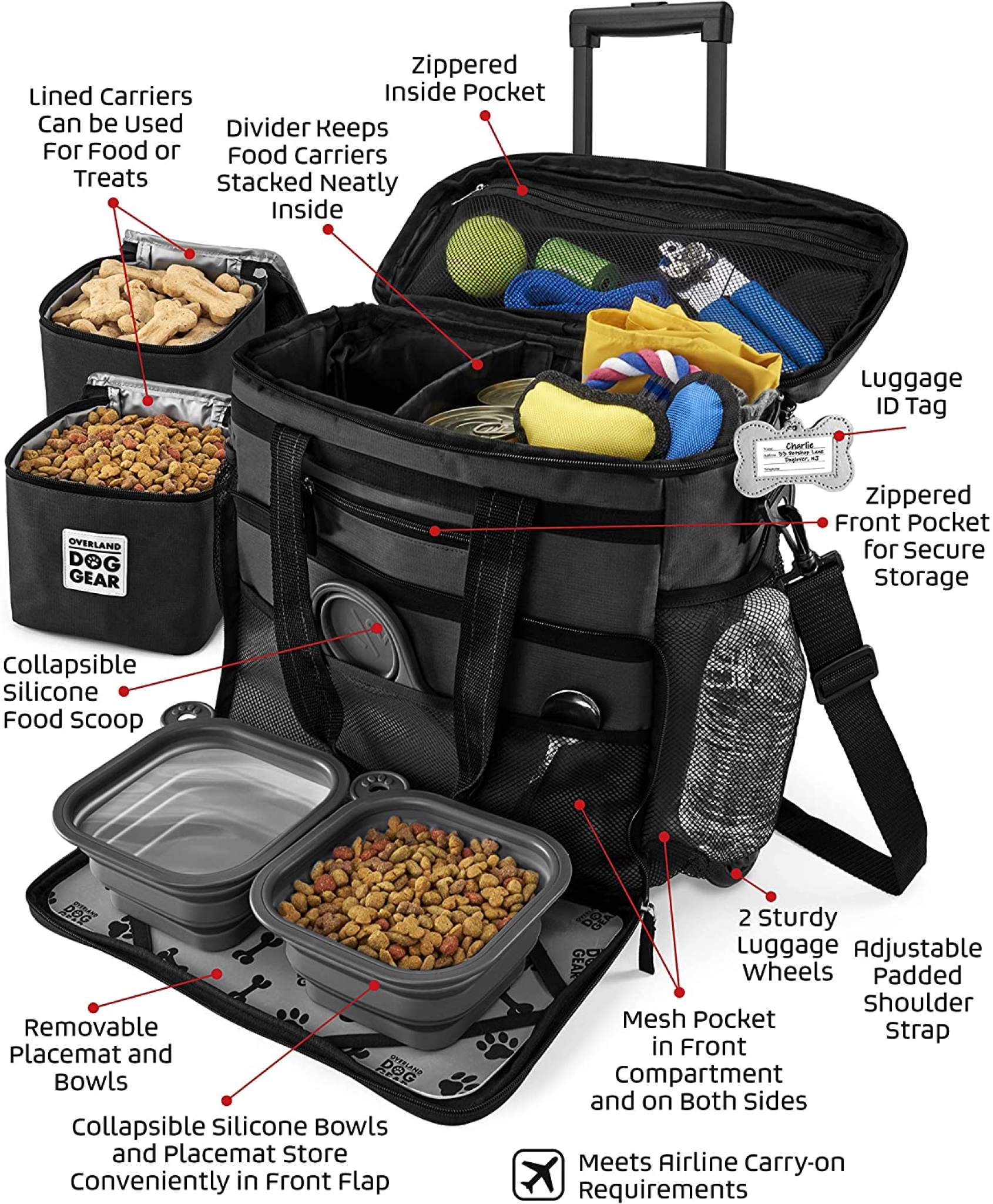 Illustration of an open, feature-packed Mobile Dog Gear Rolling Week Away Dog Travel Bag with compartments for food carriers, treats, bowls, and a scoop, plus side pockets, ID tag, and sturdy handles. Meets airline standards.