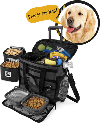 A well-organized Mobile Dog Gear Rolling Week Away Dog Travel Bag with compartments for toys, food, and water, alongside an image of a happy golden retriever saying "this is my bag!" in a speech bubble.