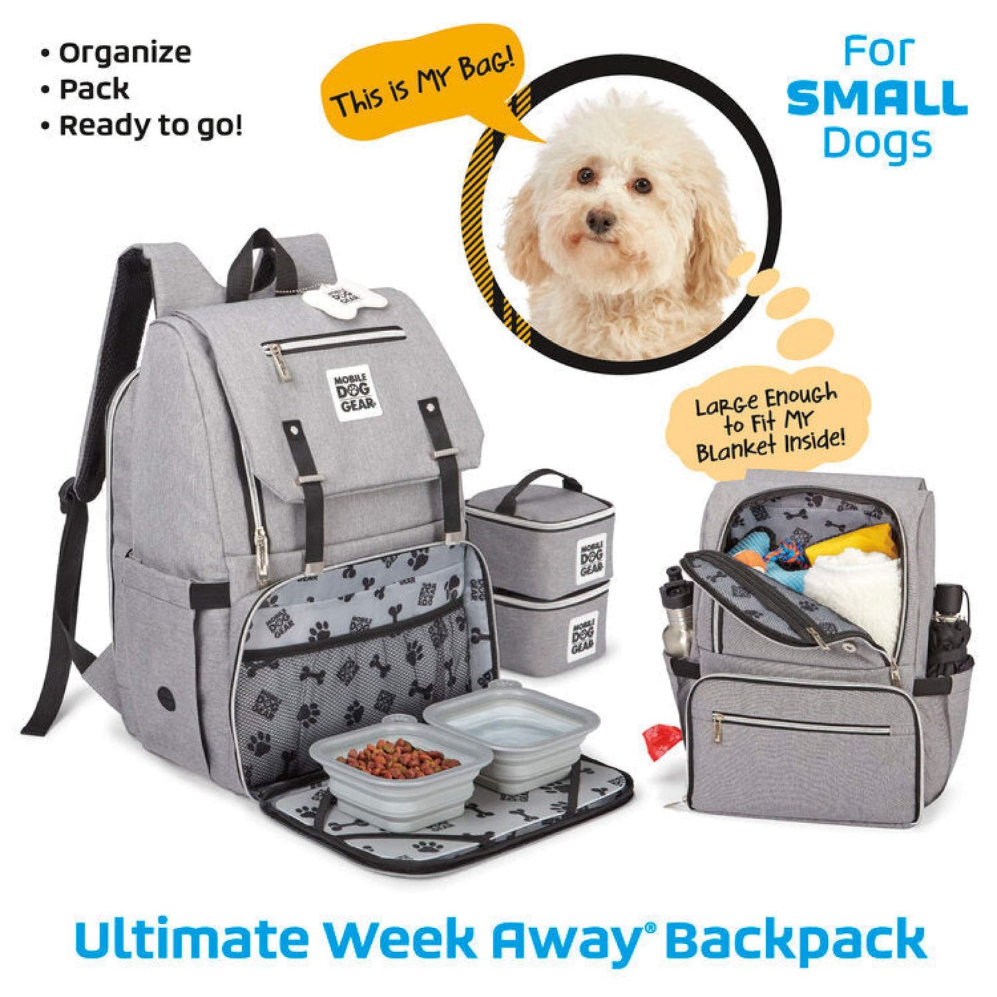 Mobile Dog Gear's Ultimate Week Away Backpack for dogs.