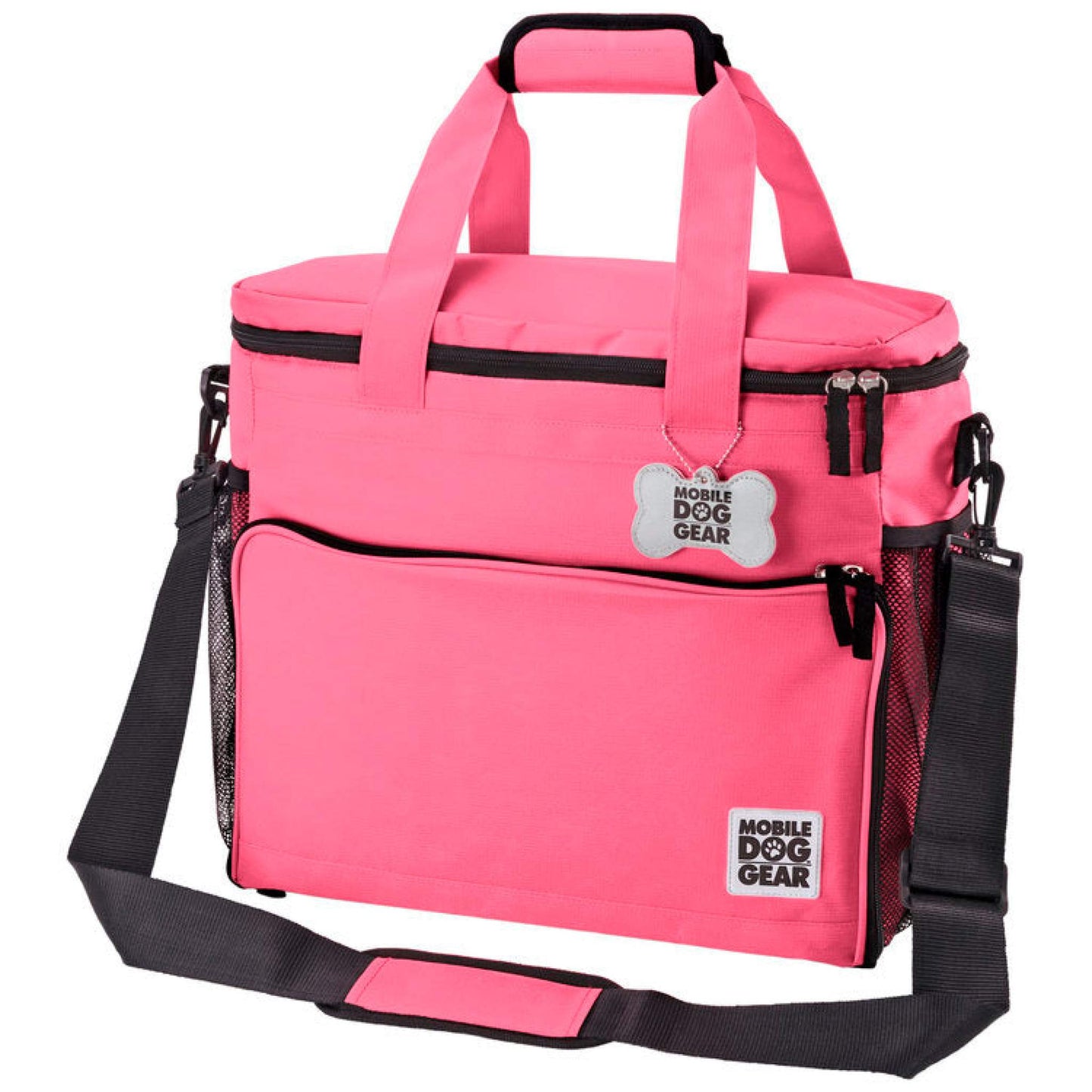 A bright pink, multi-pocket Large Week Away® Tote Bag with black zippers, featuring top handles and a removable shoulder strap. A tag labeled "Mobile Dog Gear" is attached to the front.