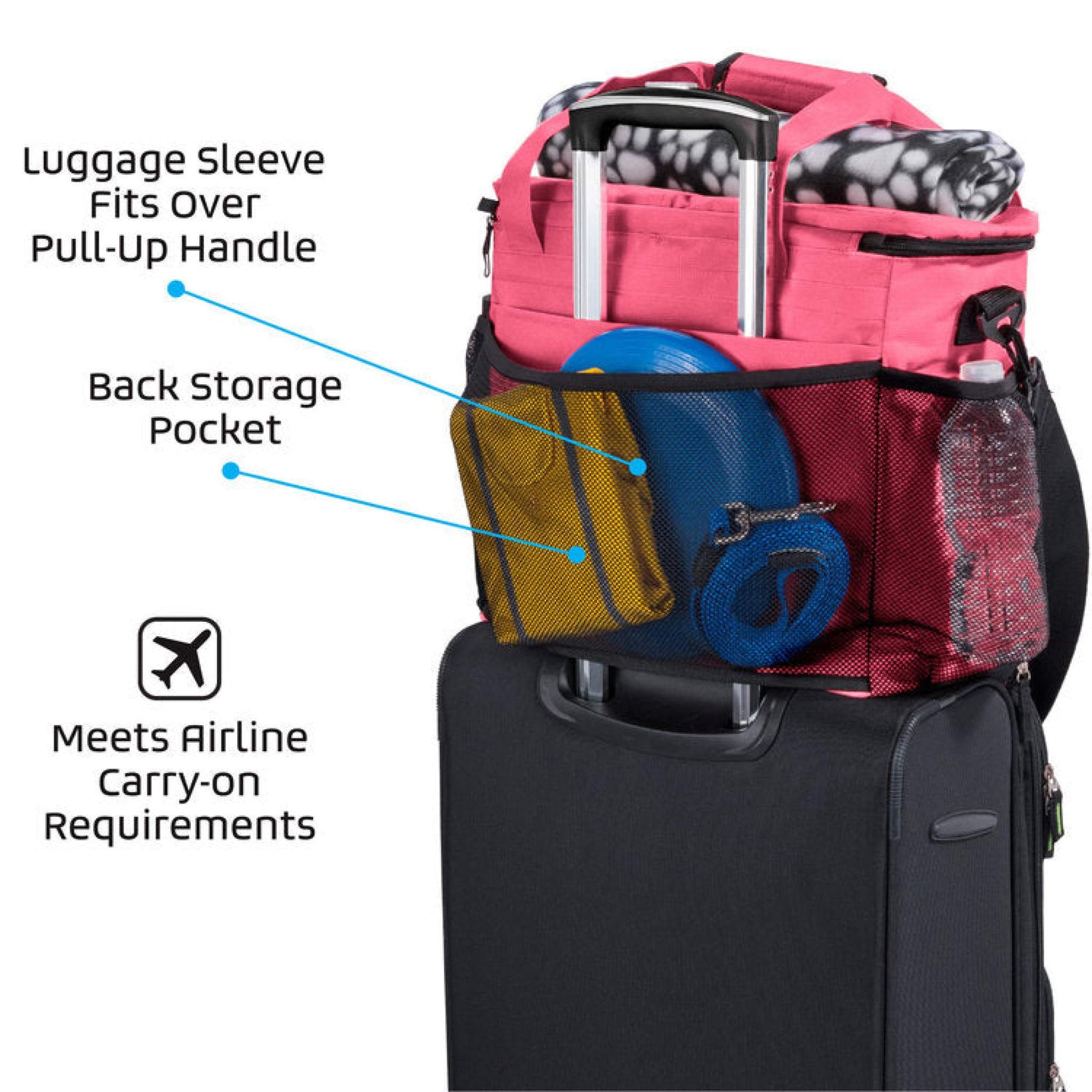 A black suitcase with an attached pink Mobile Dog Gear Large Week Away® Tote Bag that features a luggage sleeve, pull-up handle, and a visible back storage pocket. The carry-on is packed with items including collapsible dog bowls and