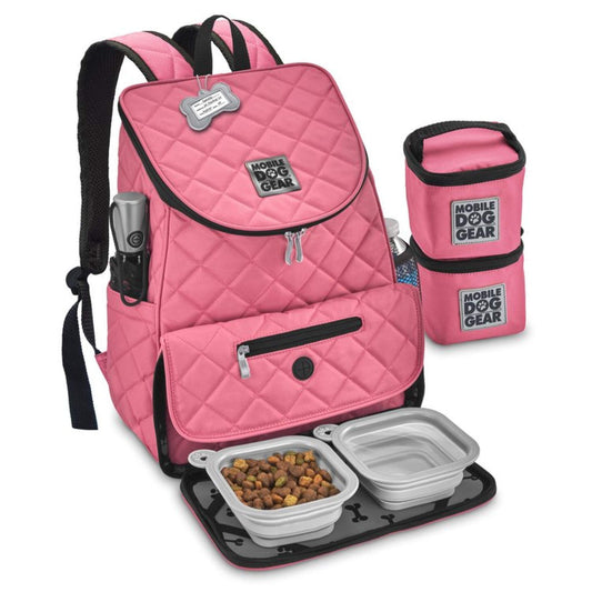 A pink Mobile Dog Gear Weekender Backpack with food containers for dogs.