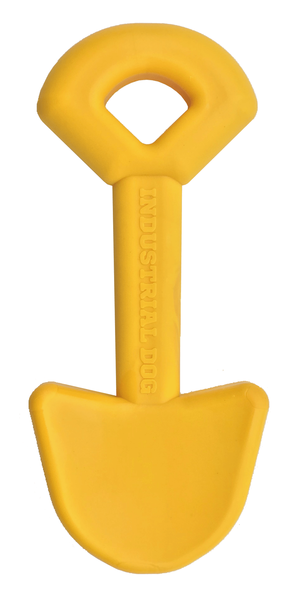 A yellow plastic handle on a white background, designed to be safe for chewers - SodaPup ID Shovel Ultra Durable Nylon Dog Chew Toy.